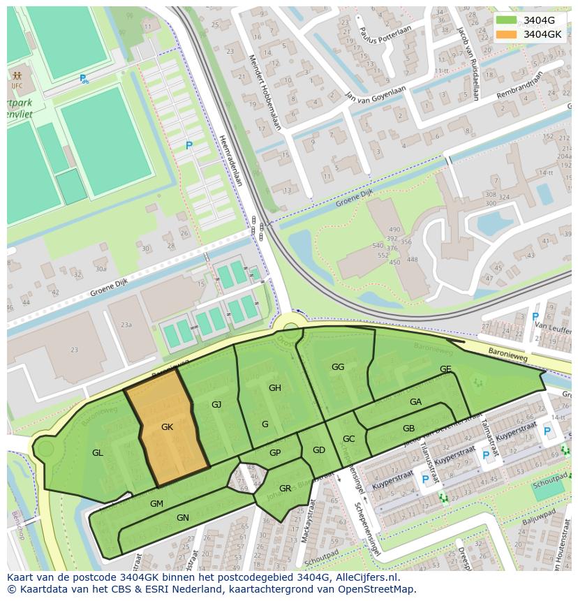 Afbeelding van het postcodegebied 3404 GK op de kaart.