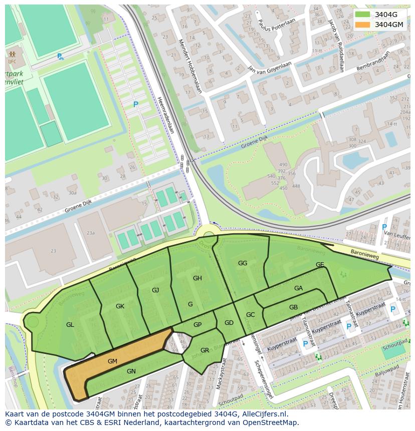 Afbeelding van het postcodegebied 3404 GM op de kaart.