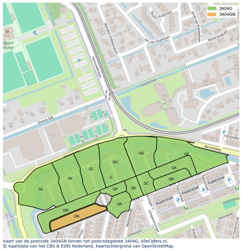 Afbeelding van het postcodegebied 3404 GN op de kaart.