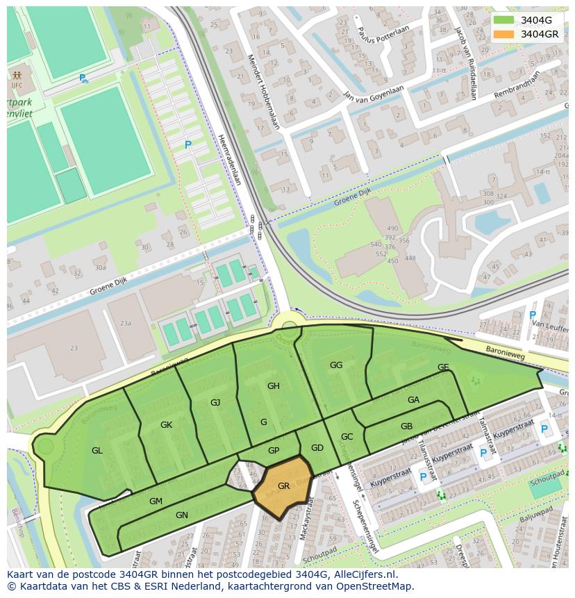 Afbeelding van het postcodegebied 3404 GR op de kaart.