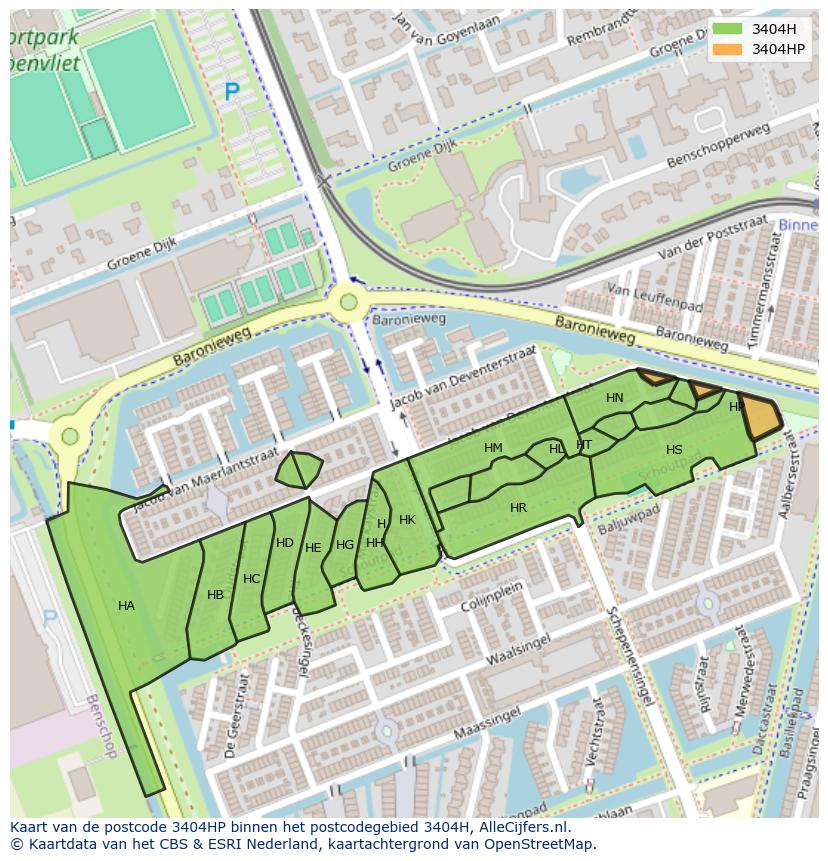Afbeelding van het postcodegebied 3404 HP op de kaart.