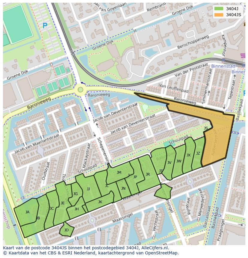 Afbeelding van het postcodegebied 3404 JS op de kaart.