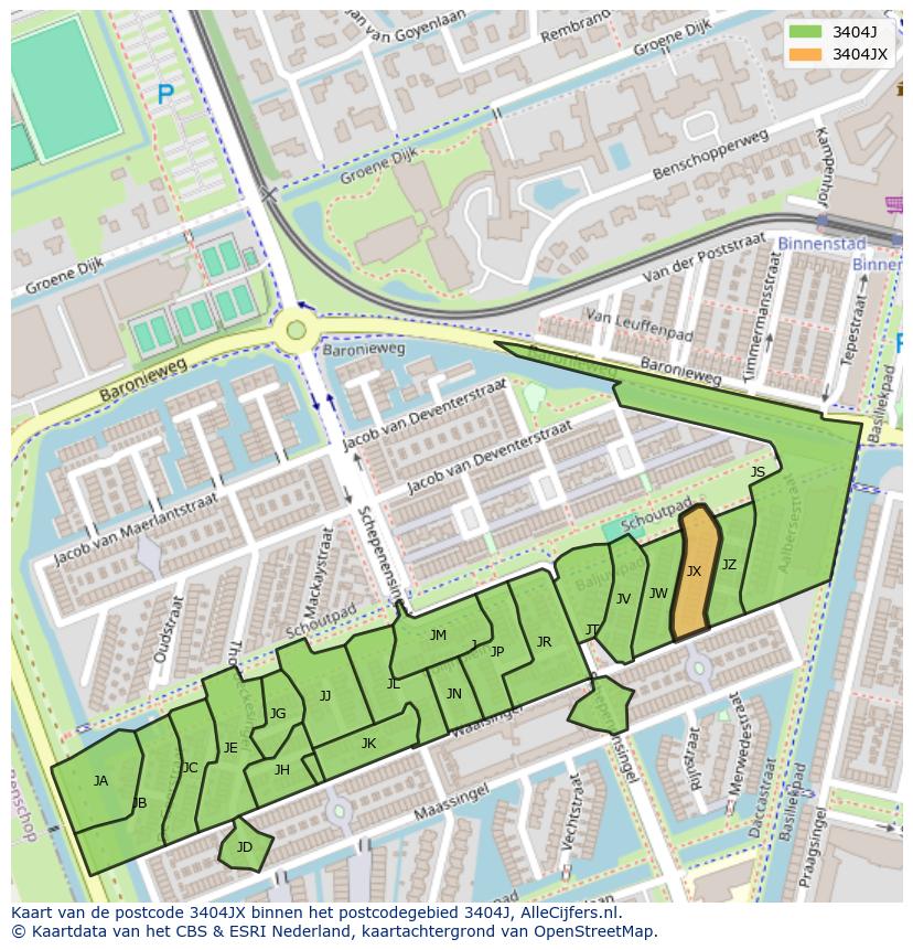 Afbeelding van het postcodegebied 3404 JX op de kaart.