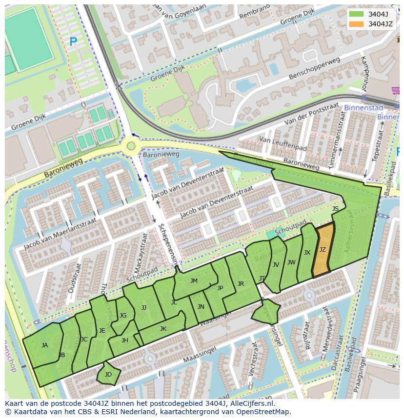 Afbeelding van het postcodegebied 3404 JZ op de kaart.