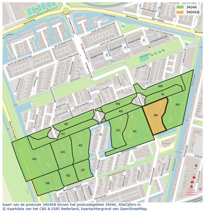 Afbeelding van het postcodegebied 3404 KB op de kaart.