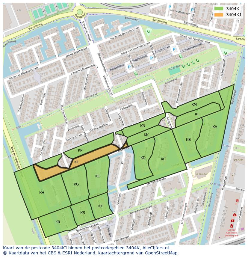 Afbeelding van het postcodegebied 3404 KJ op de kaart.