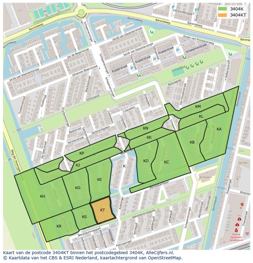Afbeelding van het postcodegebied 3404 KT op de kaart.