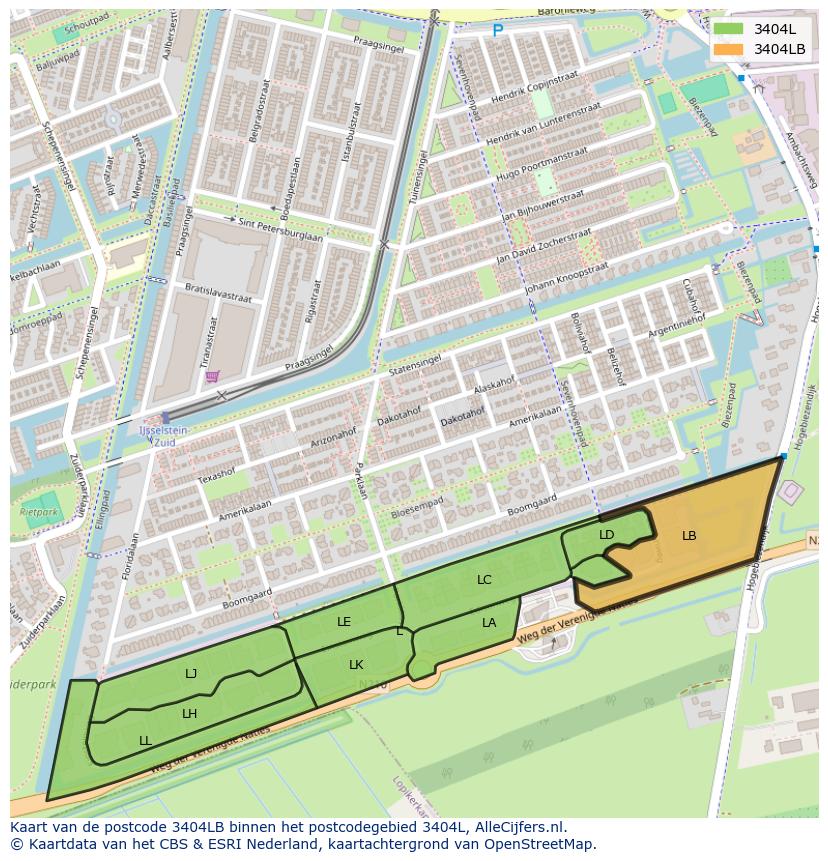 Afbeelding van het postcodegebied 3404 LB op de kaart.