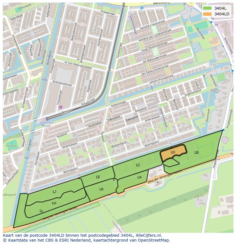 Afbeelding van het postcodegebied 3404 LD op de kaart.