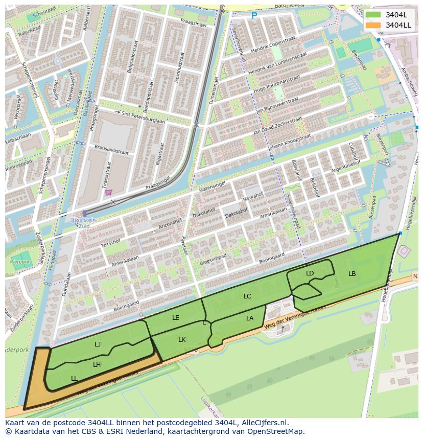 Afbeelding van het postcodegebied 3404 LL op de kaart.