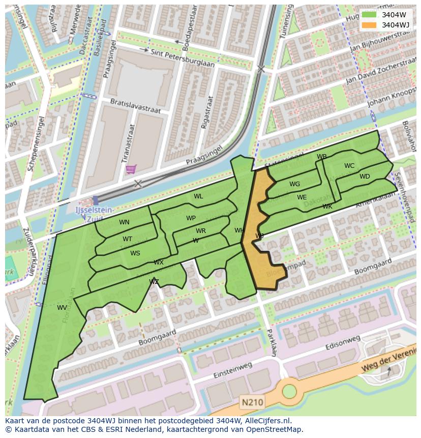 Afbeelding van het postcodegebied 3404 WJ op de kaart.