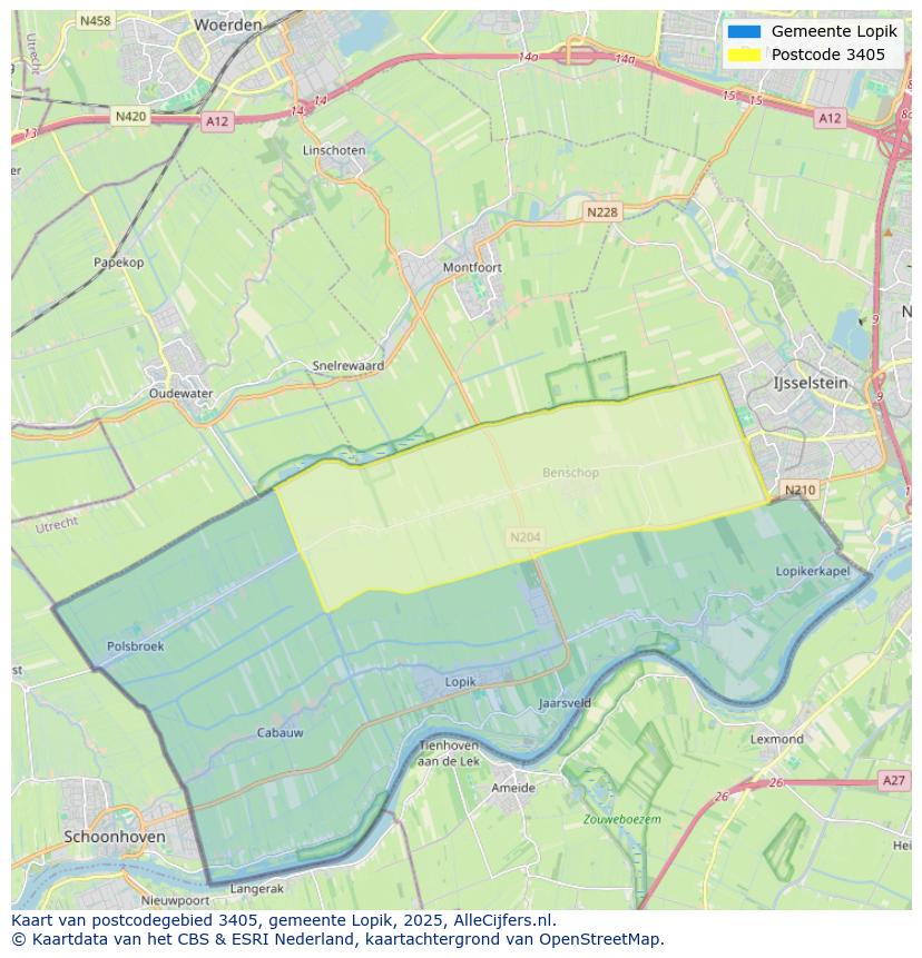 Afbeelding van het postcodegebied 3405 op de kaart.