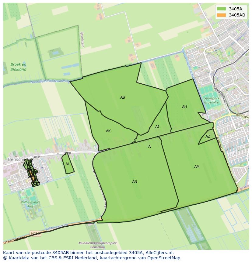 Afbeelding van het postcodegebied 3405 AB op de kaart.