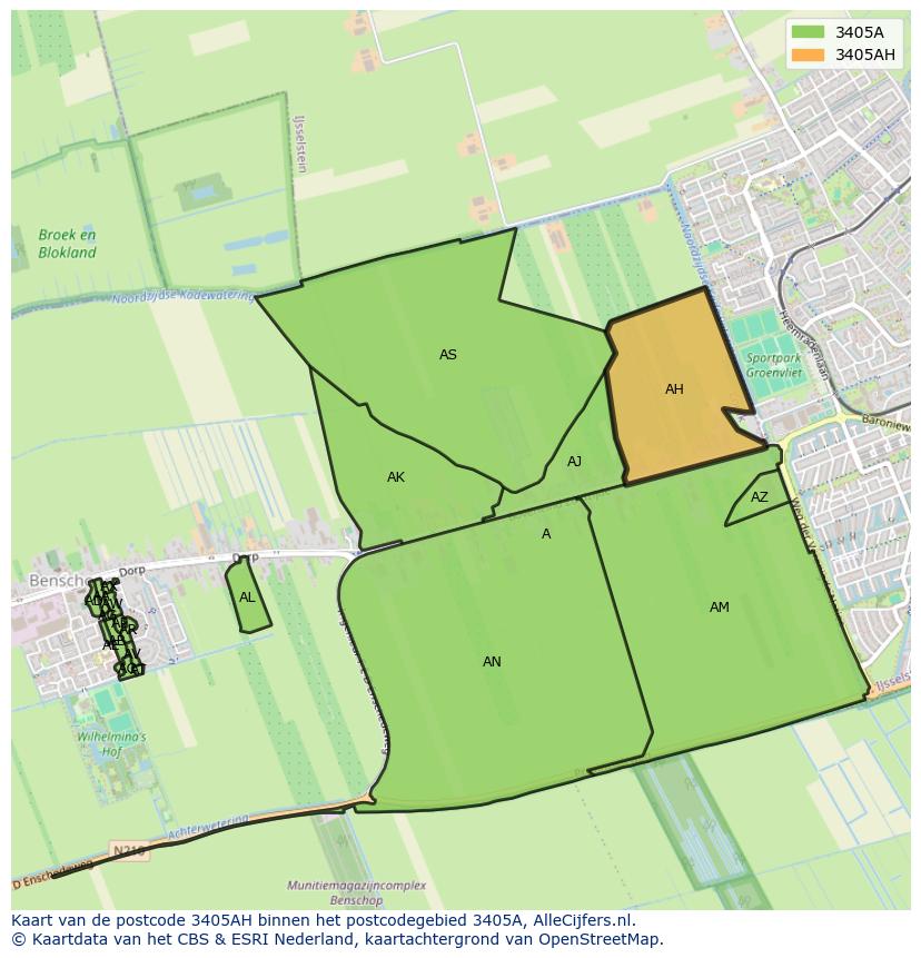 Afbeelding van het postcodegebied 3405 AH op de kaart.