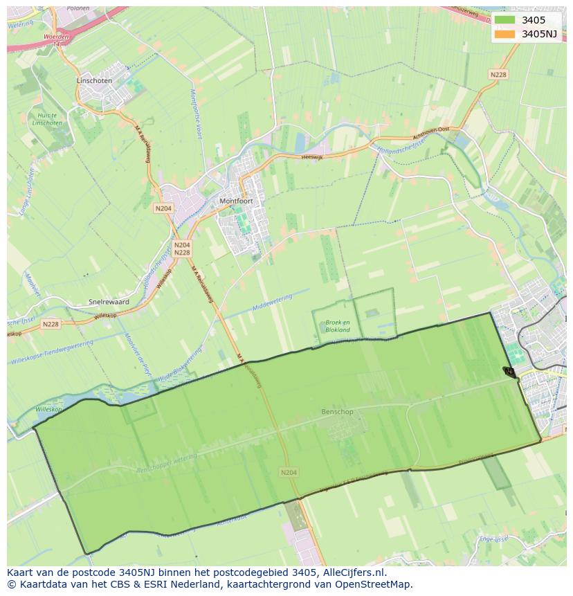 Afbeelding van het postcodegebied 3405 NJ op de kaart.