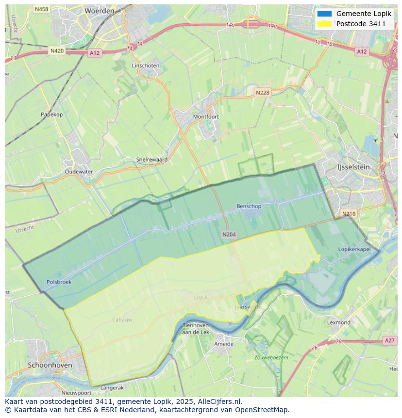 Afbeelding van het postcodegebied 3411 op de kaart.