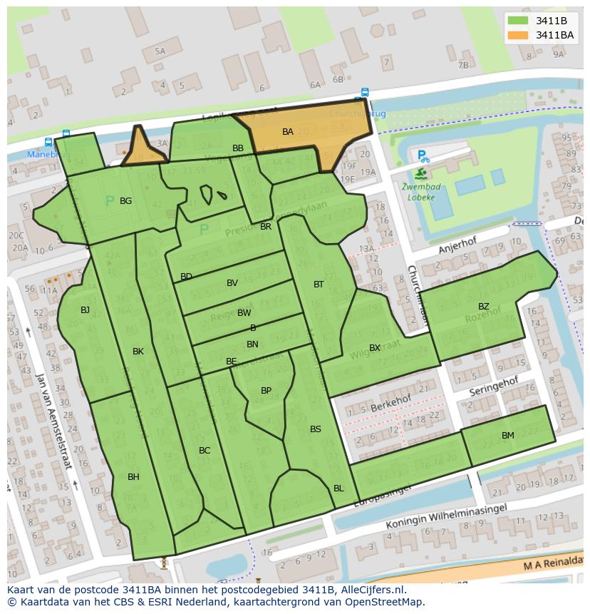 Afbeelding van het postcodegebied 3411 BA op de kaart.