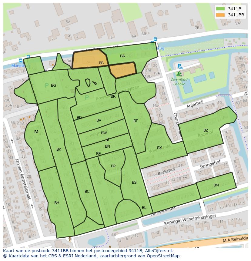 Afbeelding van het postcodegebied 3411 BB op de kaart.