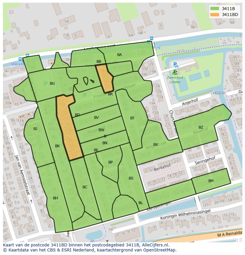 Afbeelding van het postcodegebied 3411 BD op de kaart.