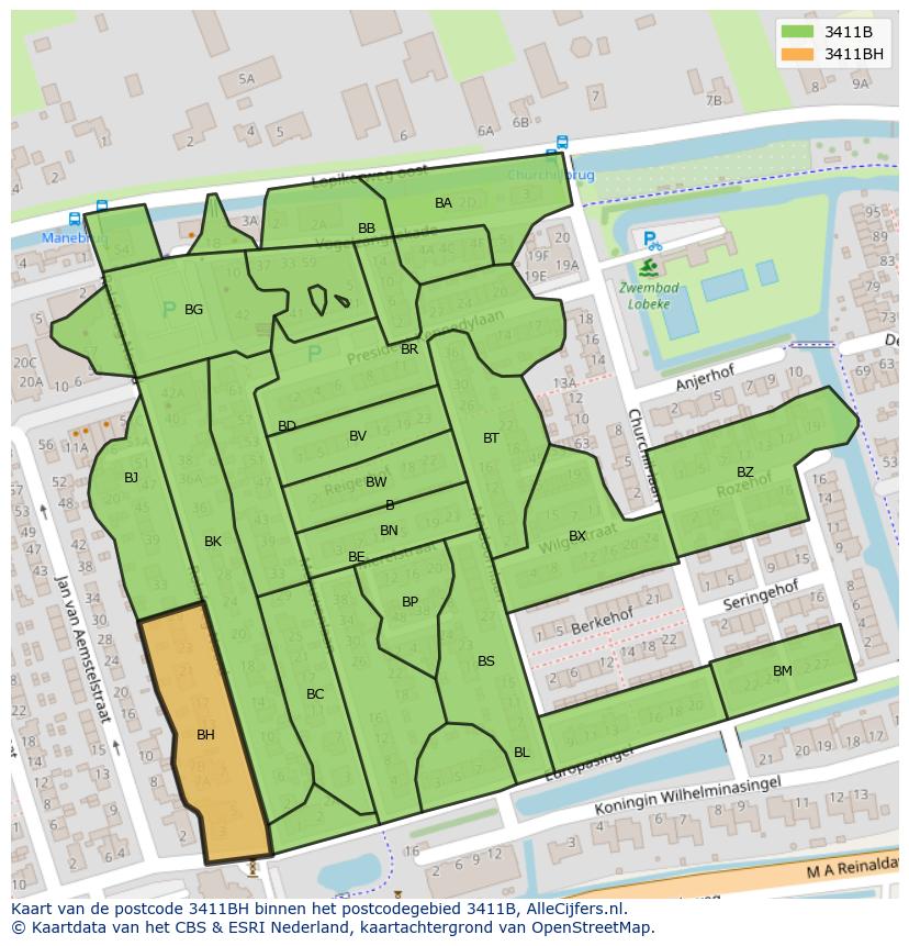 Afbeelding van het postcodegebied 3411 BH op de kaart.