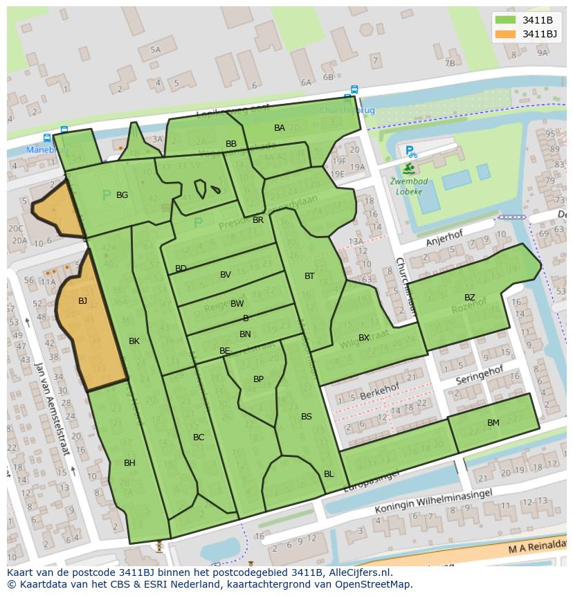 Afbeelding van het postcodegebied 3411 BJ op de kaart.