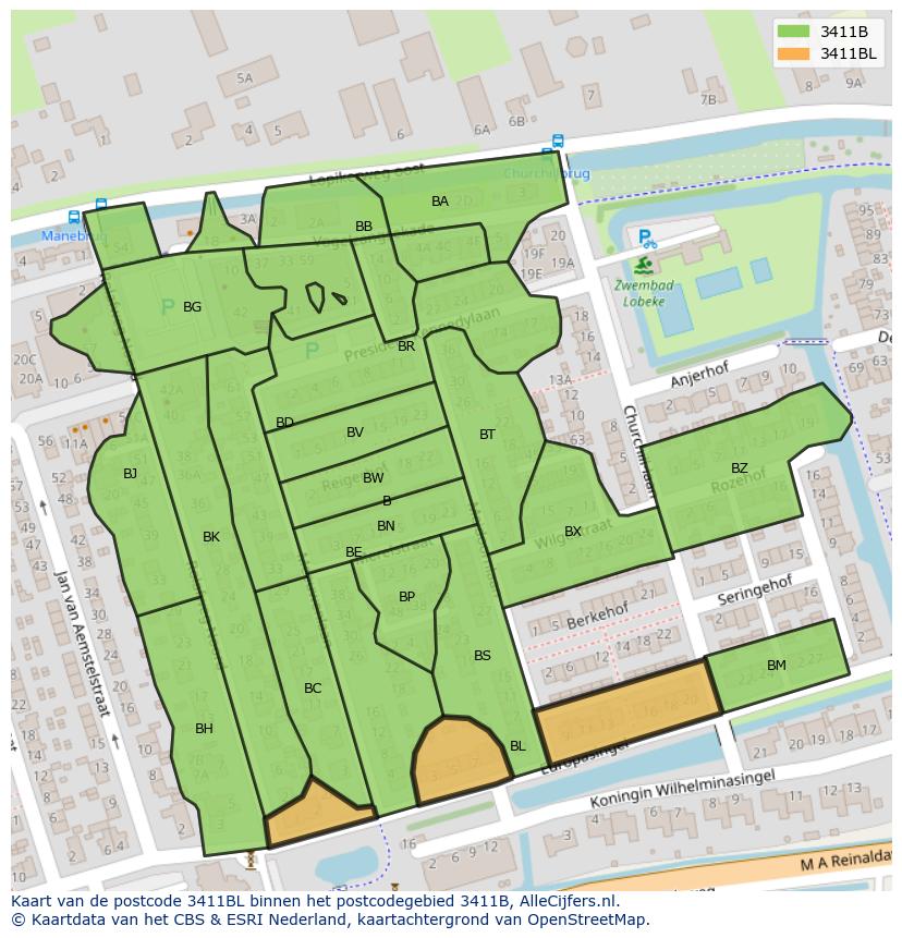 Afbeelding van het postcodegebied 3411 BL op de kaart.