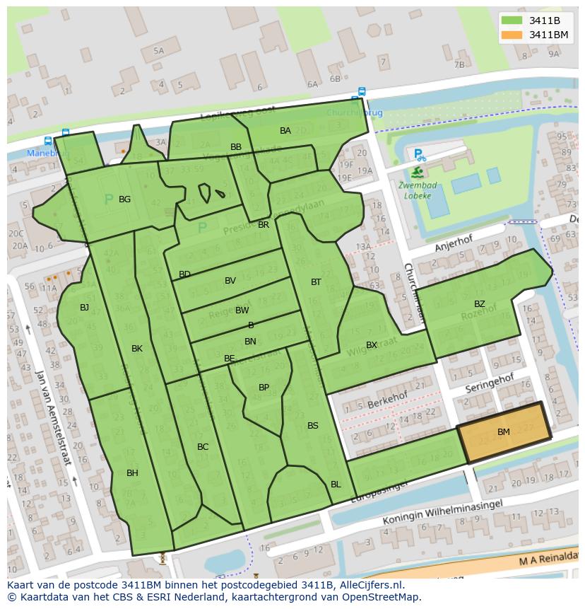 Afbeelding van het postcodegebied 3411 BM op de kaart.