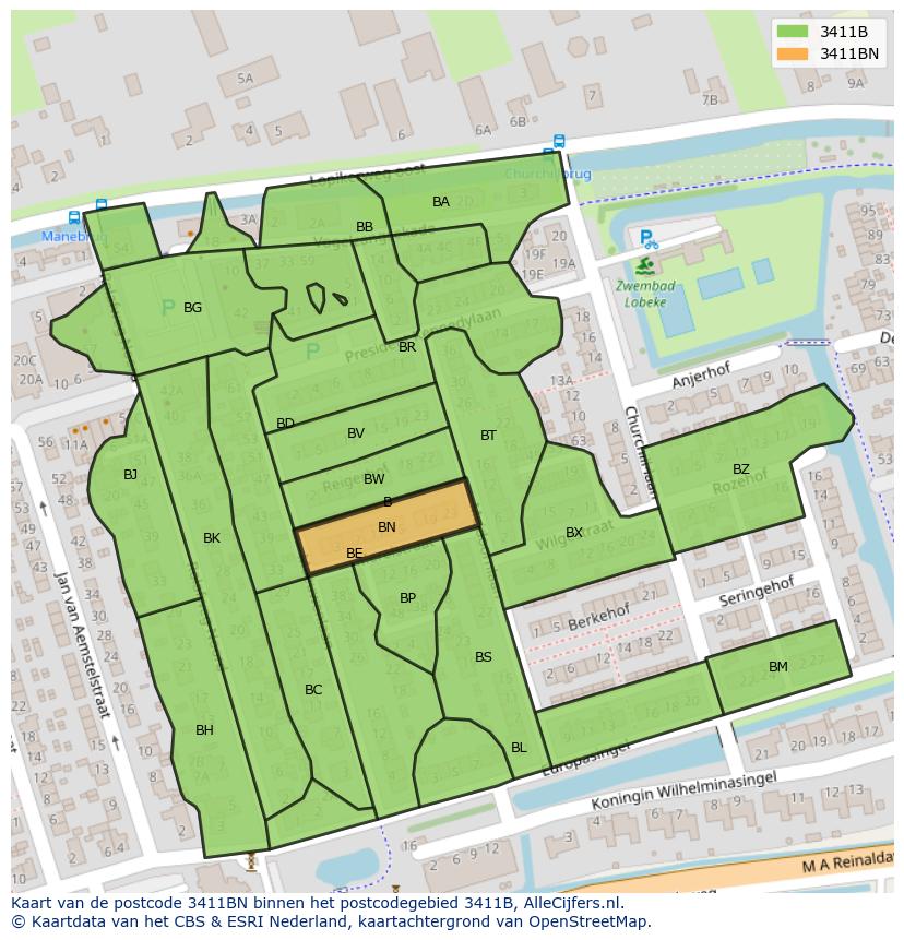 Afbeelding van het postcodegebied 3411 BN op de kaart.