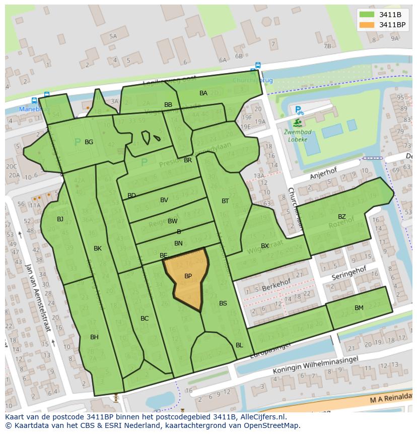 Afbeelding van het postcodegebied 3411 BP op de kaart.