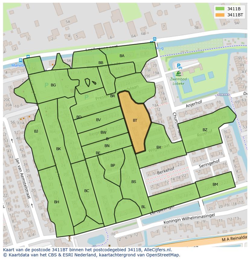 Afbeelding van het postcodegebied 3411 BT op de kaart.