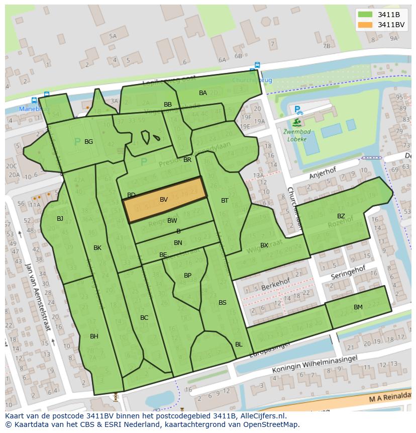 Afbeelding van het postcodegebied 3411 BV op de kaart.