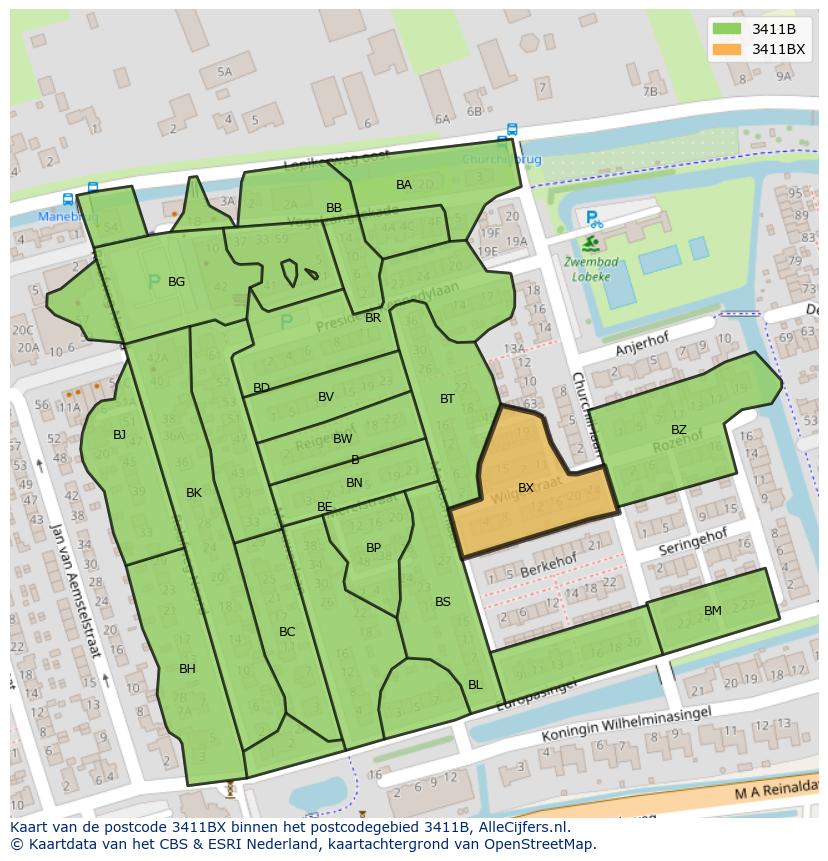 Afbeelding van het postcodegebied 3411 BX op de kaart.