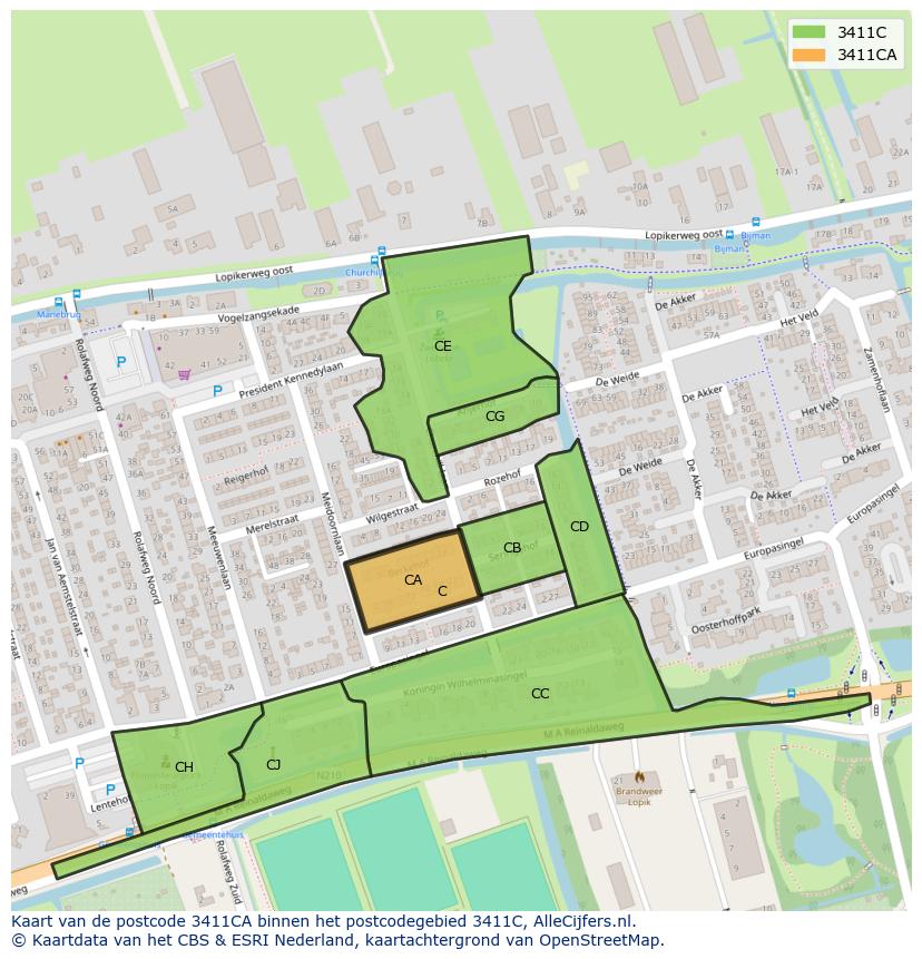 Afbeelding van het postcodegebied 3411 CA op de kaart.