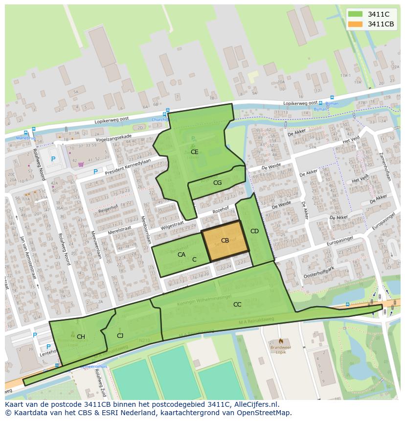Afbeelding van het postcodegebied 3411 CB op de kaart.