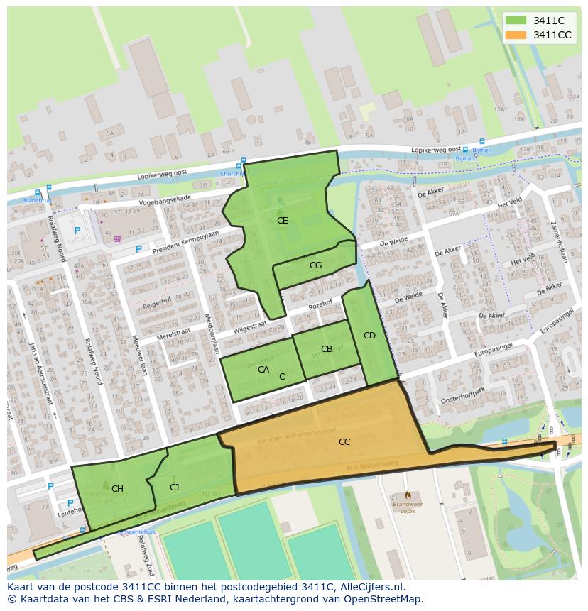 Afbeelding van het postcodegebied 3411 CC op de kaart.