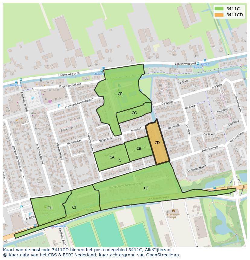 Afbeelding van het postcodegebied 3411 CD op de kaart.