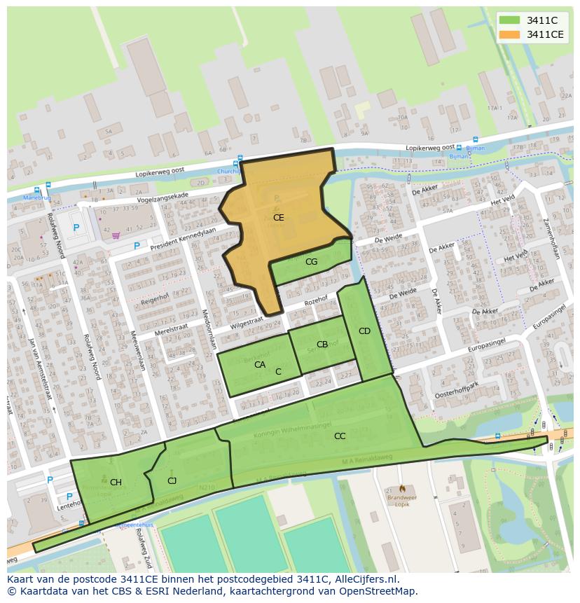 Afbeelding van het postcodegebied 3411 CE op de kaart.
