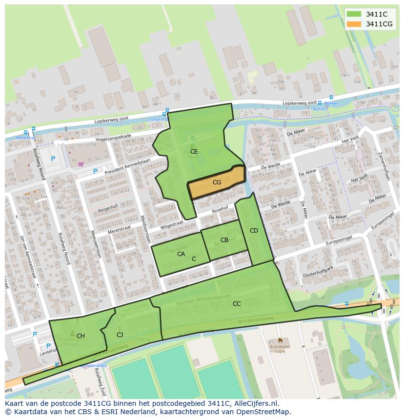 Afbeelding van het postcodegebied 3411 CG op de kaart.