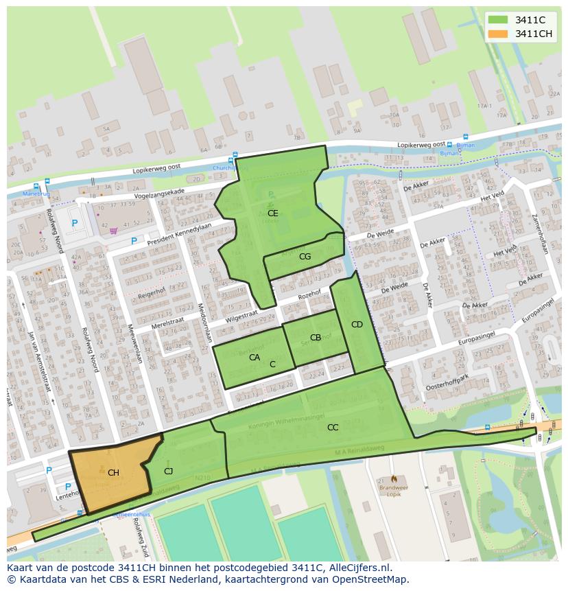 Afbeelding van het postcodegebied 3411 CH op de kaart.
