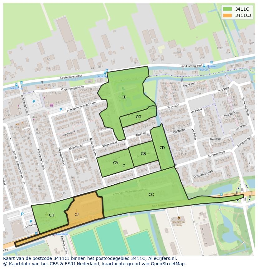 Afbeelding van het postcodegebied 3411 CJ op de kaart.
