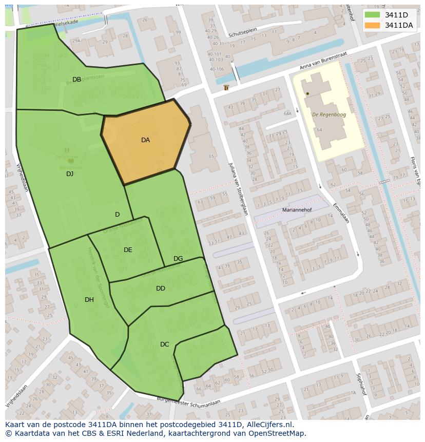 Afbeelding van het postcodegebied 3411 DA op de kaart.