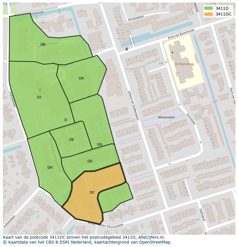 Afbeelding van het postcodegebied 3411 DC op de kaart.
