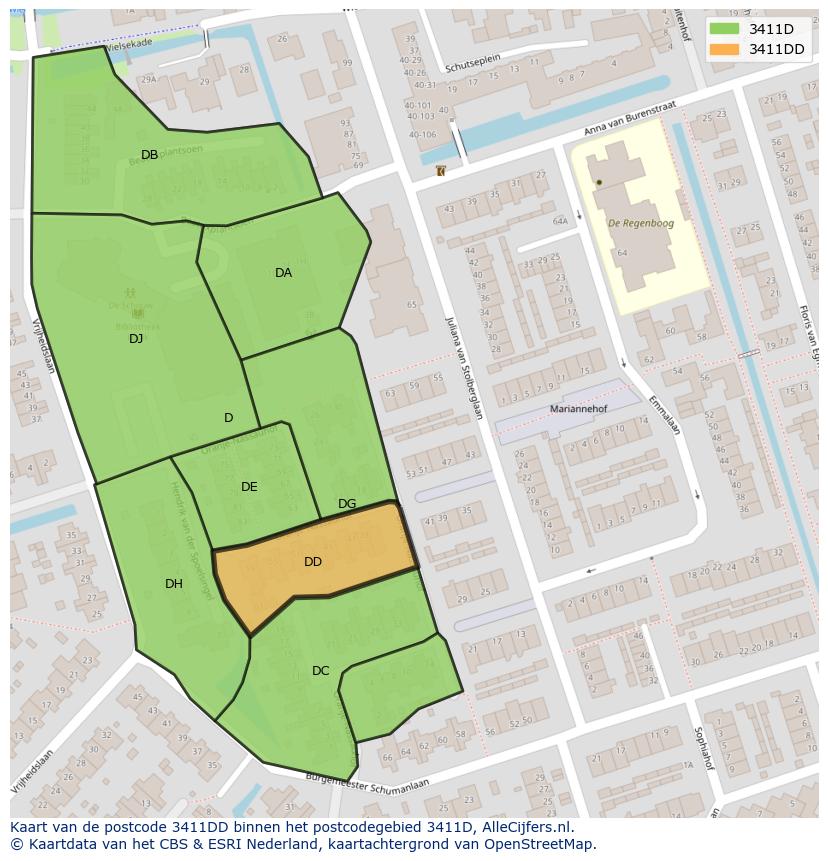 Afbeelding van het postcodegebied 3411 DD op de kaart.