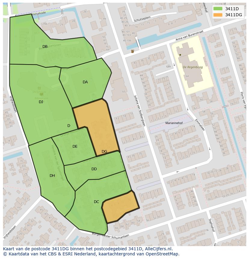 Afbeelding van het postcodegebied 3411 DG op de kaart.
