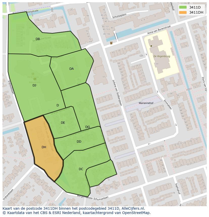 Afbeelding van het postcodegebied 3411 DH op de kaart.