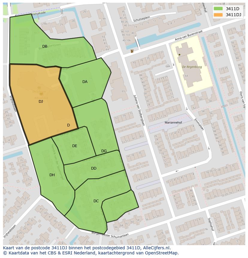 Afbeelding van het postcodegebied 3411 DJ op de kaart.