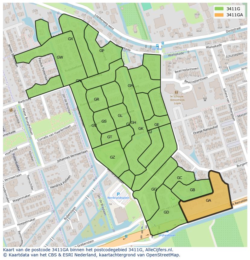 Afbeelding van het postcodegebied 3411 GA op de kaart.