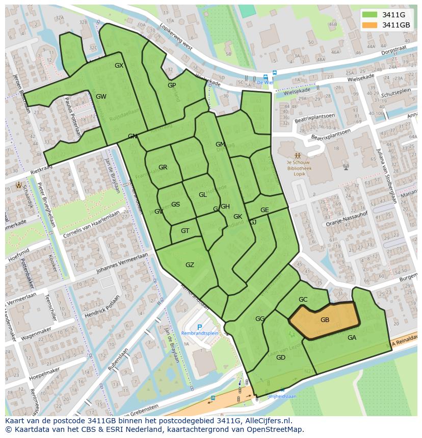 Afbeelding van het postcodegebied 3411 GB op de kaart.