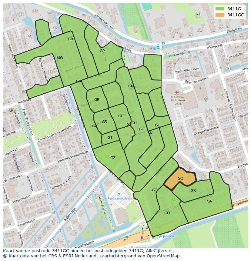 Afbeelding van het postcodegebied 3411 GC op de kaart.