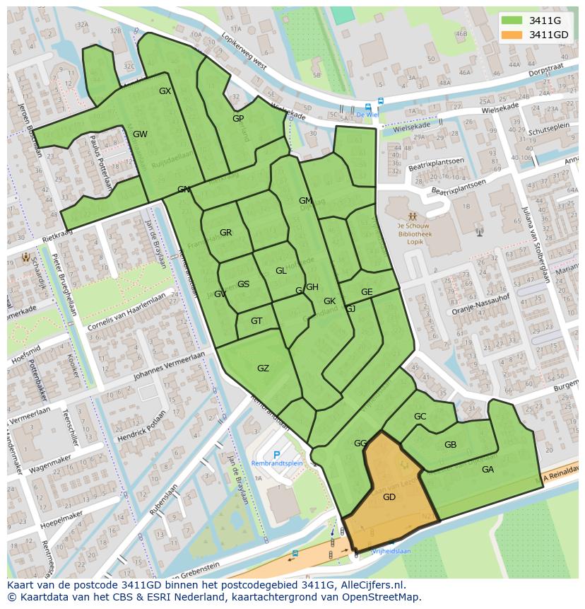 Afbeelding van het postcodegebied 3411 GD op de kaart.